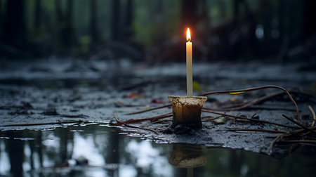 the candle, once a beacon of warmth, now lies abandoned in the murky ground of the swamp, surrounded by twisted roots and eerie silence, captured in haunting detail with the hasselblad x1d ii and 80mm f/1.9 lens, showcasing the camera's exceptional low-light performance at f/2.8, iso 64, and 1/180s. ai generatedの素材