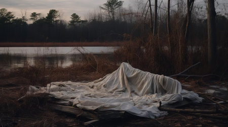 the bedsheet, once a symbol of comfort and warmth, lies abandoned and forlorn in the murky waters of the swamp, its vibrant colors muted by the eerie atmosphere, captured with stunning clarity by the hasselblad x1d ii and 80mm f/1.9 lens, showcasing the photographer's mastery of lighting and composition in this haunting landscape photography. ai generatedの素材