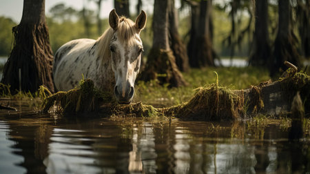 the horse, seemingly abandoned, lies helpless in the murky waters of the swamp, surrounded by twisted roots and eerie silence, captured in stunning detail with the hasselblad x1d ii and 80mm f/1.9 lens, showcasing the camera's exceptional capabilities in low-light conditions and highlighting the beauty of the swamp's desolate landscape. ai generatedの素材