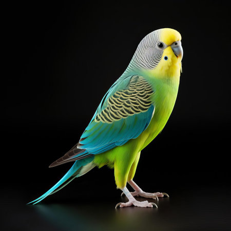 the american parakeet, also known as the green parakeet, perches confidently on a pristine white background, showcasing its vibrant green plumage, yellow belly, and distinctive black facial markings, making it a stunning subject for bird enthusiasts and wildlife photographers alike. ai generatedの素材