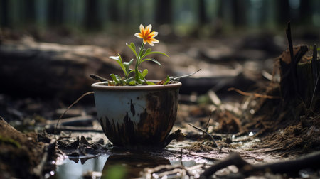 the flowerpot, once a vibrant addition to a garden, now lies abandoned in the ground, slowly being consumed by the murky waters of the swamp, its beauty lost to the passing of time, captured in stunning detail with a hasselblad x1d ii and 80mm f/1.9 lens, showcasing the camera's exceptional capabilities in low-light conditions. ai generatedの素材