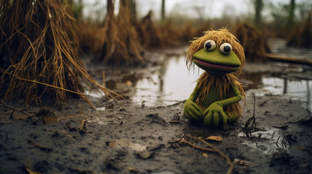 a lone cookie lies abandoned in the murky waters of the swamp, its once-inviting appearance now soggy and forlorn, captured in stunning detail by a hasselblad x1d ii camera equipped with an 80mm f/1.9 lens, showcasing the camera's exceptional capabilities in low-light conditions. ai generatedの素材