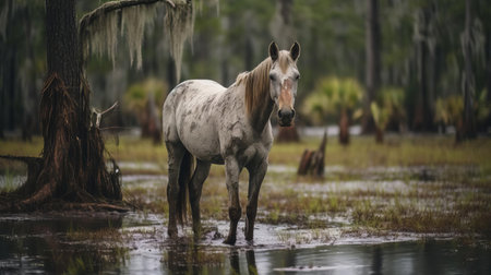 a majestic horse stands abandoned in the murky waters of the swamp, its beauty starkly contrasted with the desolate surroundings. captured with a hasselblad x1d ii and an 80mm f/1.9 lens, this haunting image showcases the horse's powerful physique, set against the eerie atmosphere of the swamp, with camera settings of f/2.8, iso 64, and 1/180s. ai generatedの素材