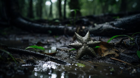 the star, half-buried in the murky waters of the swamp, exudes an otherworldly aura, its metallic surface reflecting the dim light of the surroundings. captured with a hasselblad x1d ii and an 80mm f/1.9 lens, this eerie scene is a testament to the beauty of abandonment, swamp landscapes, and the mysteries that lie within. ai generatedの素材