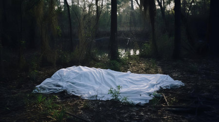 the bedsheet, worn and forgotten, lies abandoned in the murky ground of the swamp, its once-vibrant colors now dulled by the misty atmosphere, captured in stunning detail with the hasselblad x1d ii and 80mm f/1.9 lens, showcasing the beauty of decay in this eerie landscape photography. ai generatedの素材