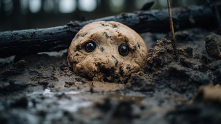 a lone cookie lies abandoned in the murky waters of the swamp, its once-appealing surface now dulled by the surrounding mud and decay. captured with a hasselblad x1d ii and an 80mm f/1.9 lens, this eerie still life showcases the camera's exceptional capabilities in low-light conditions, with settings at f/2.8, iso 64, and 1/180s. ai generatedの素材