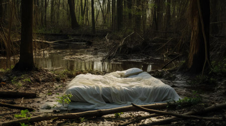 the bedsheet, once a symbol of comfort and warmth, lies abandoned and forlorn in the midst of a murky swamp, its vibrant colors starkly contrasting with the dull, eerie surroundings, captured in stunning detail with a hasselblad x1d ii and 80mm f/1.9 lens at f/2.8, iso 64, and 1/180s. ai generatedの素材