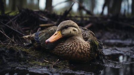 a duck lies abandoned in the ground, surrounded by the murky waters and twisted roots of the swamp, its feathers ruffled and dirty, a poignant scene of neglect and isolation, captured with stunning clarity using a hasselblad x1d ii camera and 80mm f/1.9 lens, showcasing exceptional wildlife photography skills. ai generatedの素材