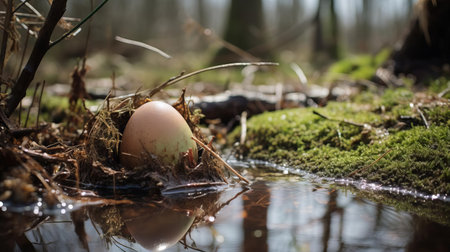 the egg, eerily abandoned in the murky ground of the swamp, tells a mysterious story of forgotten life. captured with a hasselblad x1d ii and an 80mm f/1.9 lens, this haunting image showcases the camera's exceptional capabilities in low-light conditions, with settings at f/2.8, iso 64, and 1/180s, highlighting the swamp's eerie atmosphere and the egg's isolation. ai generatedの素材