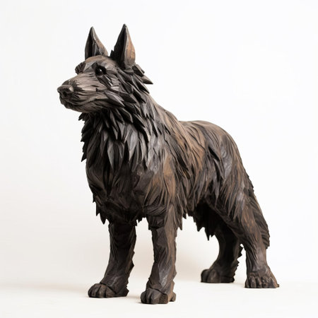 the belgian sheepdog, a majestic breed, is beautifully captured in this stunning handmade wood carving, showcasing its full body on a crisp white background, highlighting its distinctive features and textures, perfect for dog lovers and wooden art enthusiasts alike. ai generatedの素材