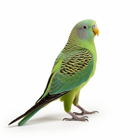 the american parakeet, also known as the green parakeet, perches confidently on a pristine white background, showcasing its vibrant green plumage, yellow belly, and distinctive facial markings, making it a stunning subject for bird enthusiasts and wildlife photographers alike. ai generatedの素材
