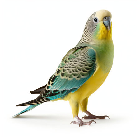 the american parakeet, also known as the green parakeet, perches confidently on a pristine white background, showcasing its vibrant green plumage, yellow belly, and distinctive facial markings, making it a stunning subject for bird enthusiasts and photographers alike. ai generatedの素材