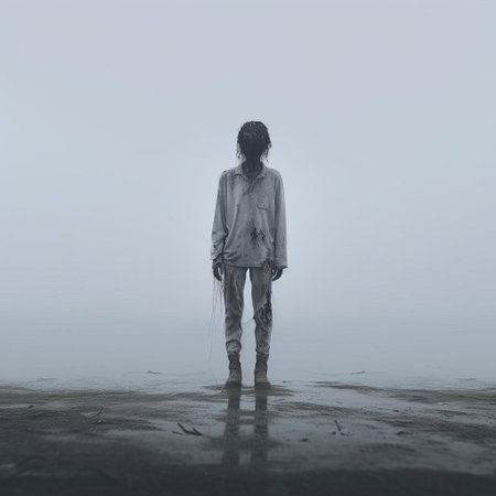 the zombie, cloaked in eerie shadows, stands amidst a desolate backdrop, epitomizing japanese minimalism in this haunting 32k full-body photograph, where the absence of clutter amplifies the undead's haunting presence, evoking a sense of foreboding and unease. ai generatedの素材