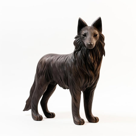 the belgian sheepdog, a loyal and agile breed, is beautifully captured in this handmade wooden figurine, showcasing its full body on a crisp white background, highlighting its distinctive tri-colored coat and athletic build, perfect for dog lovers and wooden craft enthusiasts alike. ai generatedの素材