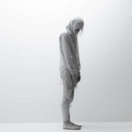 a zombie stands eerily still in a desolate landscape, captured in stunning 32k resolution, embodying the essence of japanese minimalism in this hauntingly beautiful full-body portrait, where simplicity and darkness converge to evoke a sense of foreboding and unease. ai generatedの素材