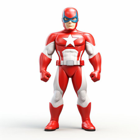 austin superhero stands proudly in a dynamic pose, donning a vibrant costume, cape flowing behind, on a crisp white background, highlighting the 3d illustration's intricate details and bold colors, perfect for comic book fans and enthusiasts of superhero fiction. ai generatedの素材