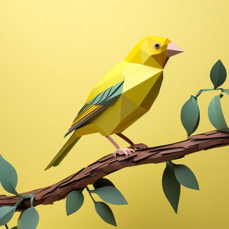 the greenfinch, a vibrant and charming bird, is beautifully captured in this paper craft design, perched on a tree branch against a wall, showcasing its striking plumage and delicate features, perfect for nature lovers and craft enthusiasts, with a unique polygon twist adding a touch of modernity to this traditional art form. ai generatedの素材