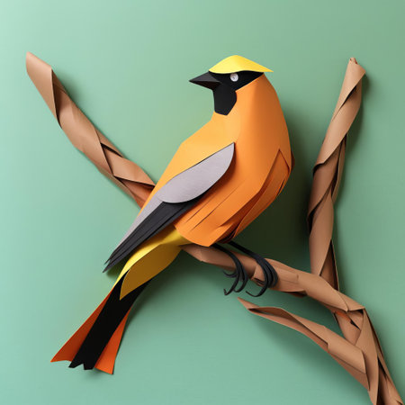 the cedar waxwing, perched on a tree branch against a wall, is beautifully captured in this paper craft featuring a unique polygon design, showcasing its striking plumage and elegant pose, perfect for nature-inspired decor and bird enthusiast gifts. ai generatedの素材