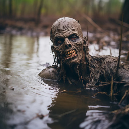 a zombie lies abandoned in the eerie darkness of the swamp, surrounded by twisted roots and murky waters, captured in haunting detail with a hasselblad x1d ii and 80mm f/1.9 lens, showcasing the camera's exceptional low-light capabilities at f/2.8, iso 64, and 1/180s, evoking a sense of foreboding and decay in this swampy graveyard scene. ai generatedの素材