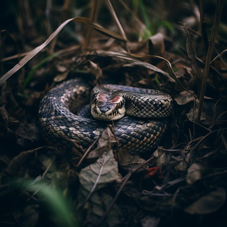 the snake, slithering through the murky waters, lies abandoned in the ground, camouflaged in the midst of the swamp's dense vegetation, its scaly body blending seamlessly with the surroundings, captured in stunning detail with the hasselblad x1d ii and 80mm f/1.9 lens, showcasing the camera's exceptional capabilities in low-light conditions. ai generatedの素材