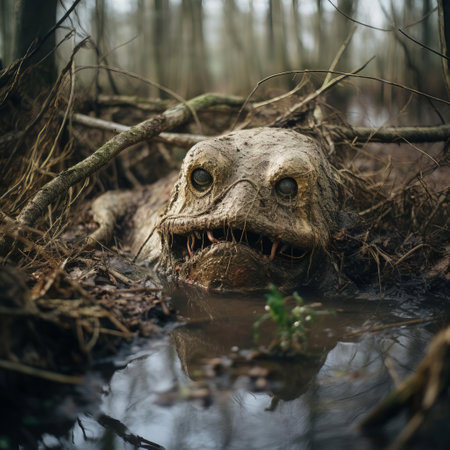 the monster, eerily abandoned in the midst of a murky swamp, exudes an aura of mystery and foreboding, its presence heightened by the misty atmosphere. captured with a hasselblad x1d ii and an 80mm f/1.9 lens, this haunting image showcases the camera's exceptional capabilities in low-light conditions, with settings at f/2.8, iso 64, and 1/180s. ai generatedの素材