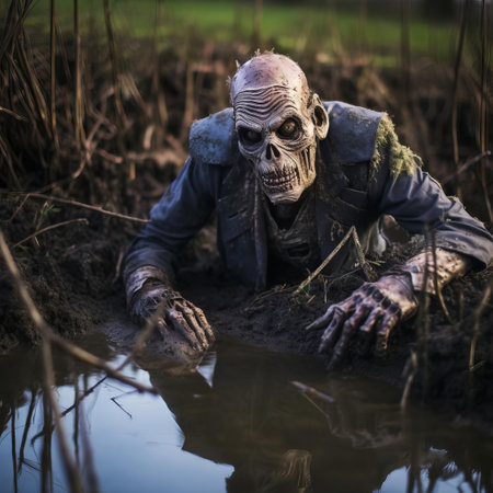 a haunting zombie lies abandoned in the eerie depths of the swamp, surrounded by twisted roots and murky waters, captured in stunning detail with a hasselblad x1d ii camera and 80mm f/1.9 lens, showcasing the photographer's skill in low-light conditions with settings of f/2.8, iso 64, and 1/180s. ai generatedの素材