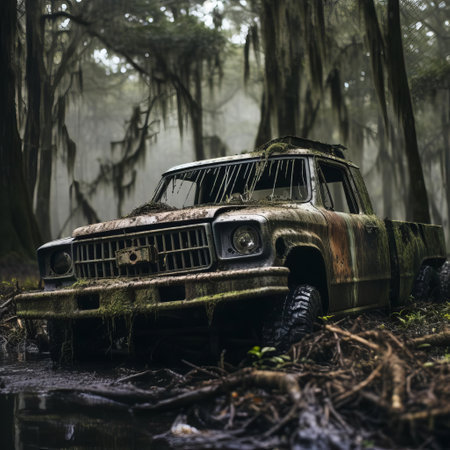 the monster, half-buried in the murky swamp, exudes an eerie atmosphere, its presence seemingly frozen in time. captured with a hasselblad x1d ii and an 80mm f/1.9 lens, set at f/2.8, iso 64, and 1/180s, this haunting image showcases the photographer's skill in conveying a sense of foreboding and mystery in the depths of the swampy wilderness. ai generatedの素材
