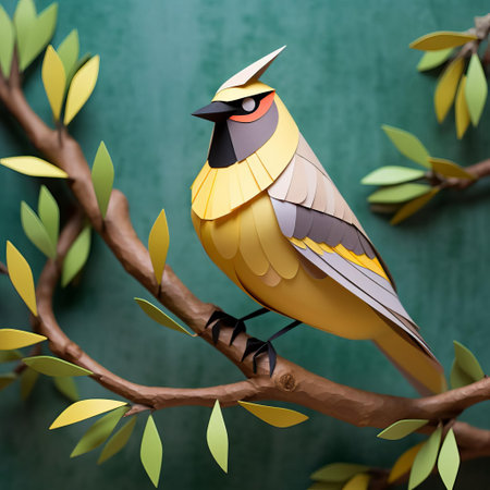 the cedar waxwing perches elegantly on a tree branch against a wall, showcasing its sleek grey and brown plumage, in this stunning paper craft design featuring a unique polygon pattern, perfect for nature lovers and bird enthusiasts, adding a touch of simplicity and elegance to any room's decor. ai generatedの素材