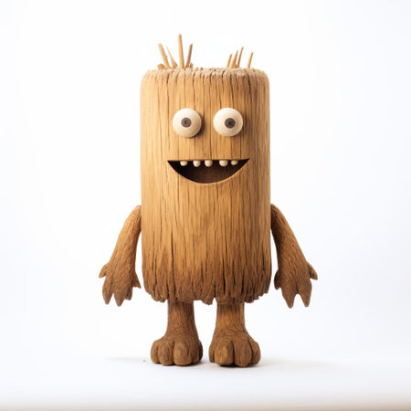 the handmade wood monster, crafted with precision and care, stands proudly on a pristine white background, showcasing its intricately carved full body, complete with textured wooden limbs and a menacing yet whimsical facial expression, evoking a sense of mythical wonder and artisanal craftsmanship. ai generatedの素材