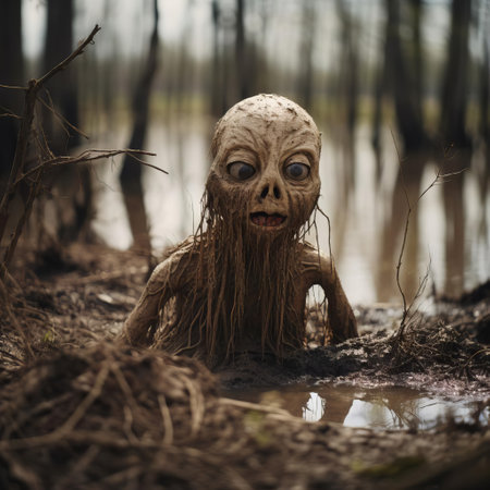 the monster, eerily abandoned in the murky depths of the swamp, exudes an air of mystery and foreboding, its presence seemingly frozen in time. captured with a hasselblad x1d ii and an 80mm f/1.9 lens, this haunting image was shot at f/2.8, iso 64, and 1/180s, evoking a sense of dark fantasy and swampy atmosphere. ai generatedの素材