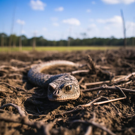 snake lies abandoned in the murky waters of the swamp, its scaly body blending seamlessly into the surrounding environment. captured with a hasselblad x1d ii and an 80mm f/1.9 lens, this eerie scene is a testament to the beauty of wildlife photography in the swampy wilderness, showcasing the snake's camouflage abilities in its natural habitat. ai generatedの素材