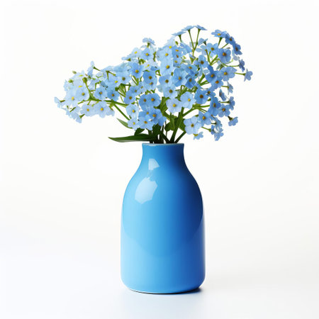 this elegant modern vase showcases a beautiful forget-me-not flower arrangement, isolated on a crisp white background, perfect for home decor inspiration, adding a touch of simplicity and sophistication to any room, highlighting the beauty of minimalist design and fresh floral arrangements. ai generatedの素材