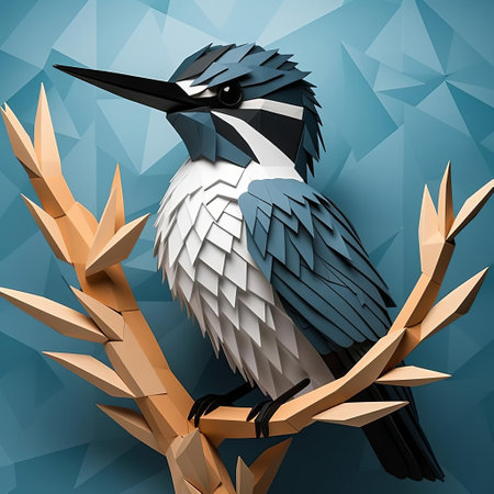 the belted kingfisher, perched on a tree branch against a wall, is beautifully captured in this stunning paper craft featuring a unique polygon design, showcasing its vibrant plumage and striking features, perfect for nature lovers and bird enthusiasts to admire and display. ai generatedの素材