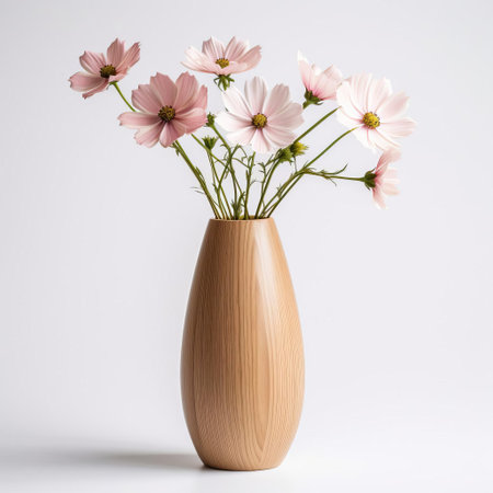 the wooden vase, adorned with a delicate cosmos flower arrangement, sits elegantly isolated on a pristine white background, showcasing the beauty of natural materials and the simplicity of rustic home decor, perfect for adding a touch of countryside charm to any room. ai generatedの素材