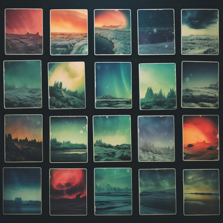 the aurora borealis panels, reminiscent of wet plate negatives, showcase a mesmerizing display of colorful, layered acrylic washes, evoking a sense of simplicity and monochromatic color palettes, while unconventional materials and dark palette chiaroscuro add depth, much like instax photography, with soft tonal transitions that captivate the viewer. ai generatedの素材