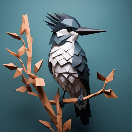 the belted kingfisher perches on a tree branch against a wall in this stunning paper craft design, featuring a unique polygon pattern that adds a touch of modernity to the traditional bird silhouette, creating a simple yet eye-catching decorative piece for nature lovers and bird enthusiasts alike. ai generatedの素材