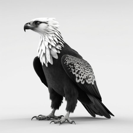 the majestic hawk-eagle, a powerful bird of prey, is showcased in stunning 3d detail, isolated on a crisp white background, its sleek black and white feathers glistening in high contrast, highlighting its sharp talons and piercing gaze, a true marvel of nature and wildlife photography. ai generatedの素材