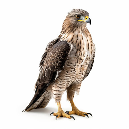 the barred hawk-eagle, a majestic bird of prey, is showcased in stunning isolation on a pristine white background, its full body majestically displayed, highlighting its striking barred plumage, sharp talons, and piercing gaze, a true marvel of nature and wildlife photography. ai generatedの素材