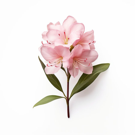 the rhododendron flower, with its delicate pink petals and golden yellow center, blooms beautifully against a crisp white isolated background, showcasing its intricate details and vibrant colors, perfect for nature enthusiasts, botanists, and photography lovers of floral arrangements and macro photography. ai generatedの素材