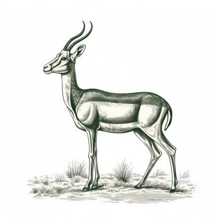 this vintage gazelle stamp, isolated on a white background, features a beautiful line engraving in green ink, showcasing the intricate details of the majestic animal, perfect for collectors of old prints, philatelists, and enthusiasts of wildlife art. ai generatedの素材