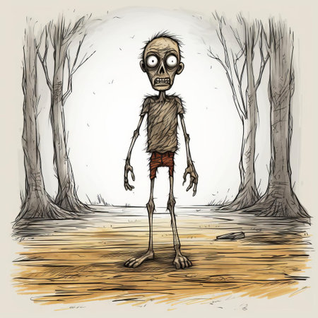 the zombie, depicted in a poorly drawn cartoon sketch, stands upright in a wooden texture background, showcasing its full body in a humorous and quirky illustration, blending elements of horror and comedy, perfect for fans of undead and cartoon art. ai generatedの素材