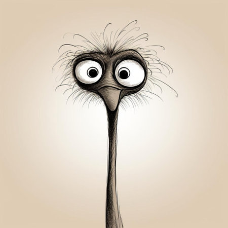 this ostrich illustration is a playful, hand-drawn, minimalist cartoon depiction of a large flightless bird, showcasing its long neck, legs, and soft feathers in a simple, yet charming, line art style, perfect for kids, educational materials, and wildlife enthusiasts. ai generatedの素材
