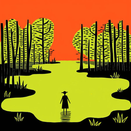the swamp, a mystical and eerie ecosystem, comes alive in this vibrant illustration by jean jullien, showcasing the artist's unique blend of fauvism and whimsy, as a mysterious female figure emerges from the murky waters, surrounded by lush greenery and twisted vines, evoking a sense of enchantment and wonder. ai generatedの素材