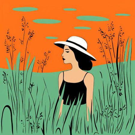 the vibrant grassland illustration, crafted by renowned artist jean jullien, embodies the essence of fauvism art style, featuring a striking female figure amidst a kaleidoscope of colors, evoking a sense of freedom and joy, perfect for nature lovers and art enthusiasts alike. ai generatedの素材