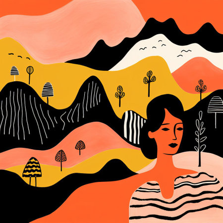 the woman, depicted in a vibrant and expressive fauvism art style, stands confidently in the foothills, surrounded by lush greenery and majestic mountains, as illustrated by renowned artist jean jullien, capturing the essence of femininity and nature's beauty. ai generatedの素材