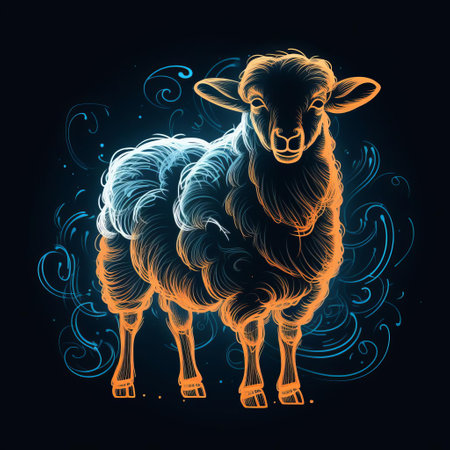 the sheep, illuminated by a vibrant orange glow, stands out against a dark black background, its angry expression intensified by the radiant blue patronus-inspired outline, reminiscent of the magical creatures from the wizarding world of harry potter. ai generatedの素材
