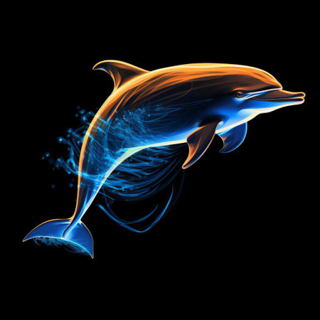 a majestic dolphin, reminiscent of a magical patronus, is set against a mysterious black background, its sleek, shiny body outlined in a vibrant, electric blue glow, with subtle orange accents, evoking a sense of wonder and magic, perfect for fans of harry potter and fantasy art. ai generatedの素材