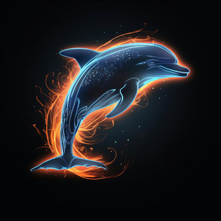a dolphin, illuminated by a vibrant orange glowing blue line, evokes a magical aura, reminiscent of a patronus from the wizarding world of harry potter, set against a dramatic black background, exuding an air of mystique and intensity, as if channeling the fury of the sea. ai generatedの素材