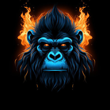 the chimpanzee, radiating an intense orange glow, stands out against a dark black background, its shiny fur illuminated by a vibrant, glowing blue line that evokes the magical patronus charm from the harry potter series, exuding an air of mystique and power. ai generatedの素材