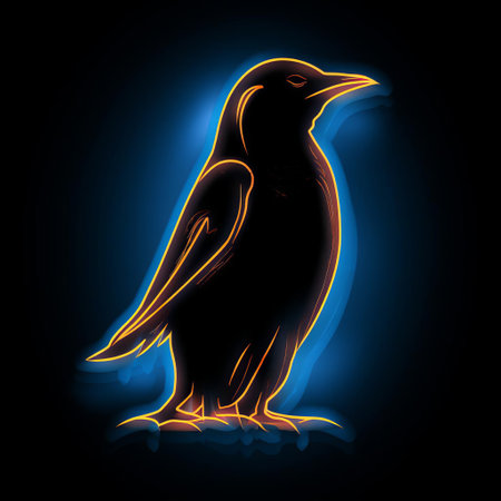 the penguin, majestically standing against a mysterious black background, is illuminated by a vibrant orange glowing blue line that wraps around its body, evoking a magical patronus charm reminiscent of the wizarding world of harry potter, exuding an aura of fiery passion and intensity. ai generatedの素材